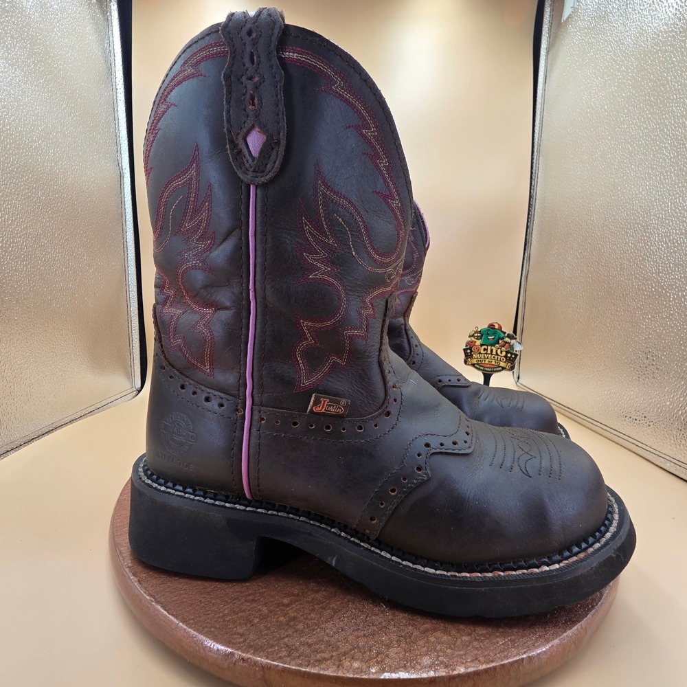 Justin Gypsy Womens Steel Toe Work Boots Brown Leather Pink Stitch WKL9980 7.5 B